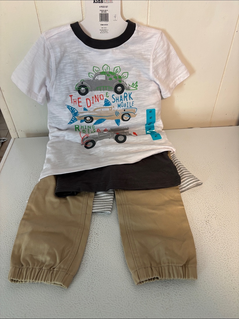 376 Kids Graphic Tee & Khaki Joggers Set - White Tee with Multicolor Cars - NEW